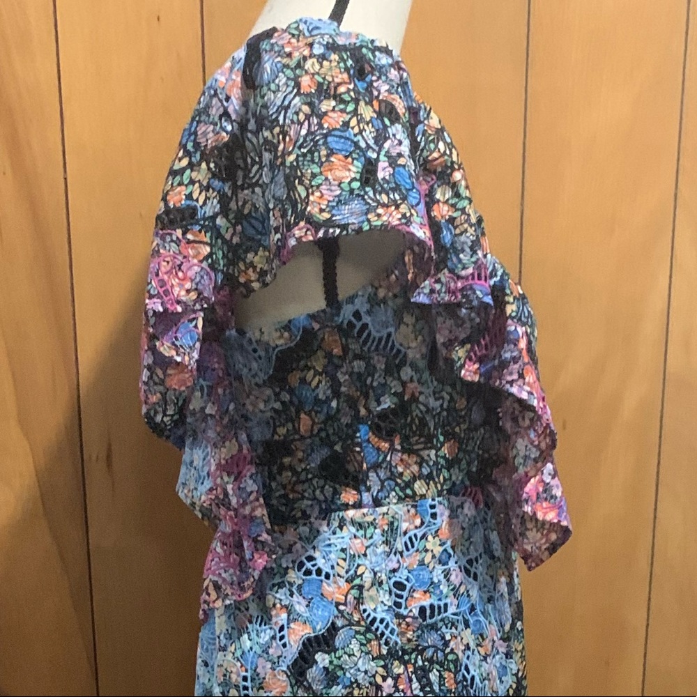 Anthropologie Blue Black Pink Floral Embroidery Ruffle Eyelet Lined Maxi Dress - Picture 7 of 16